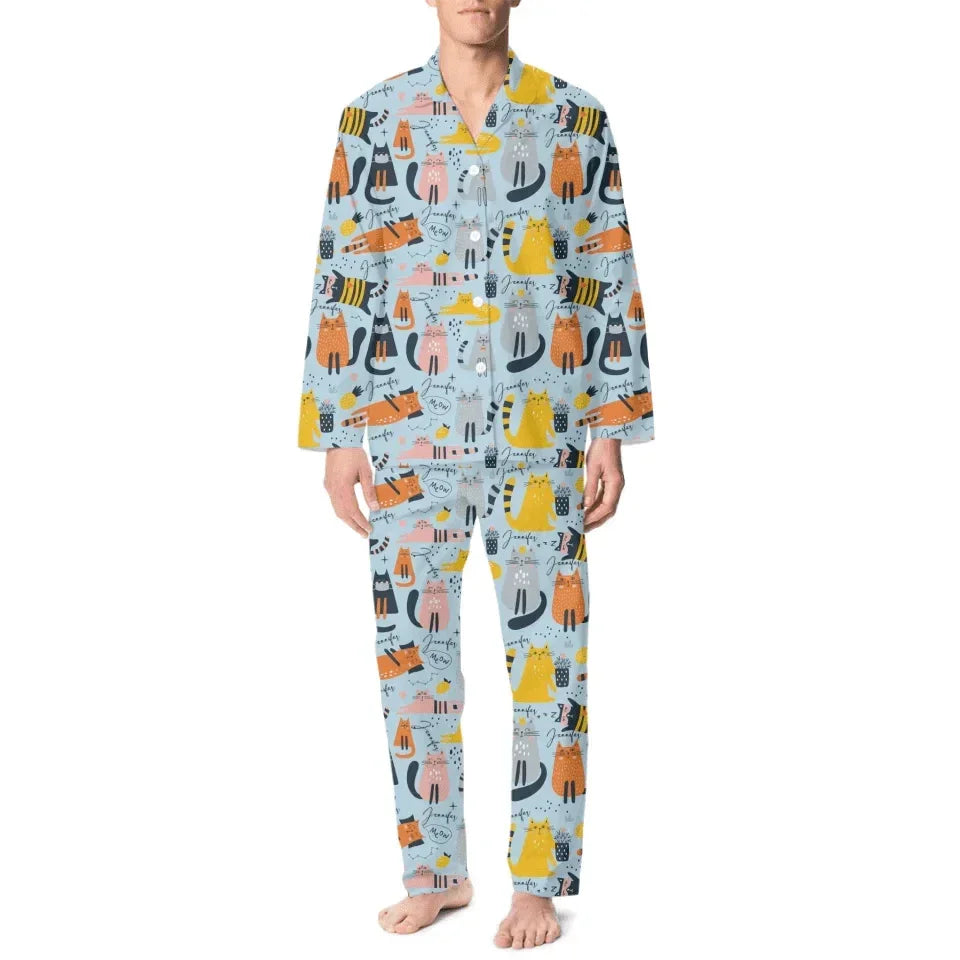Cat Pattern Customized Pajama Set - Personalized Name Cartoon Comfort Pajamas - A Gift For Yourself,Friend,Family,Cat Lovers - Joliny