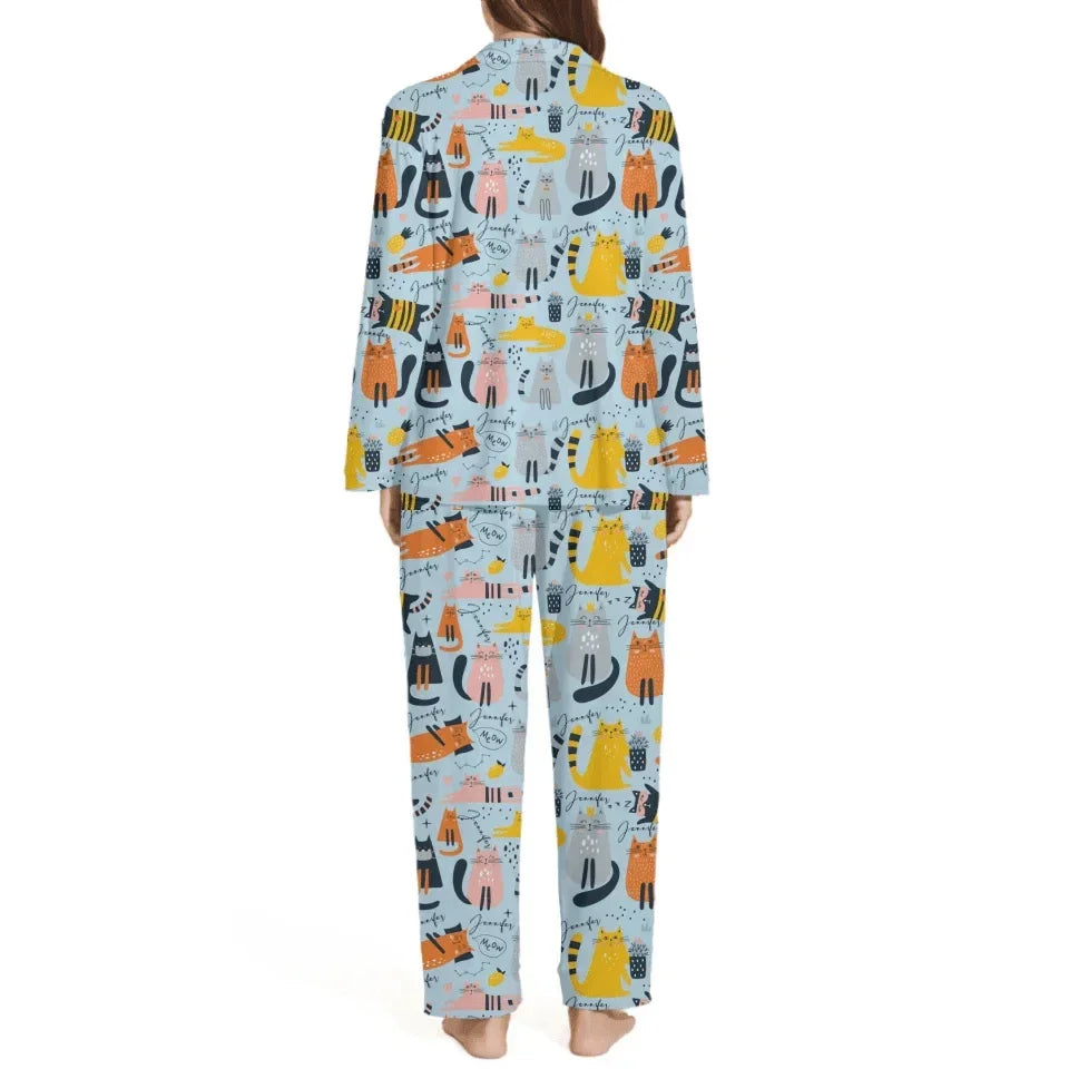 Cat Pattern Customized Pajama Set - Personalized Name Cartoon Comfort Pajamas - A Gift For Yourself,Friend,Family,Cat Lovers - Joliny