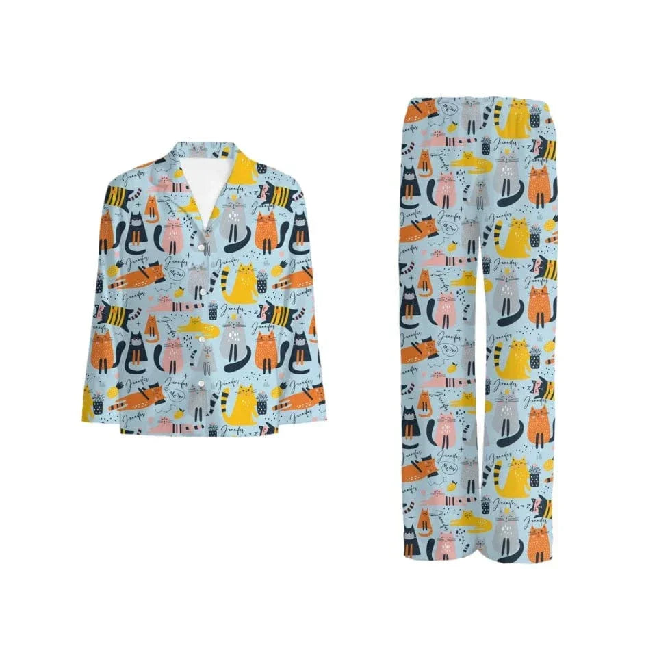 Cat Pattern Customized Pajama Set - Personalized Name Cartoon Comfort Pajamas - A Gift For Yourself,Friend,Family,Cat Lovers - Joliny
