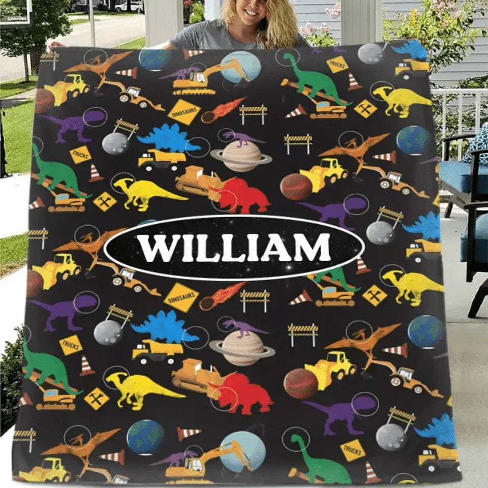 Construction Trucks Planet Dinosaurs in Space Blanket