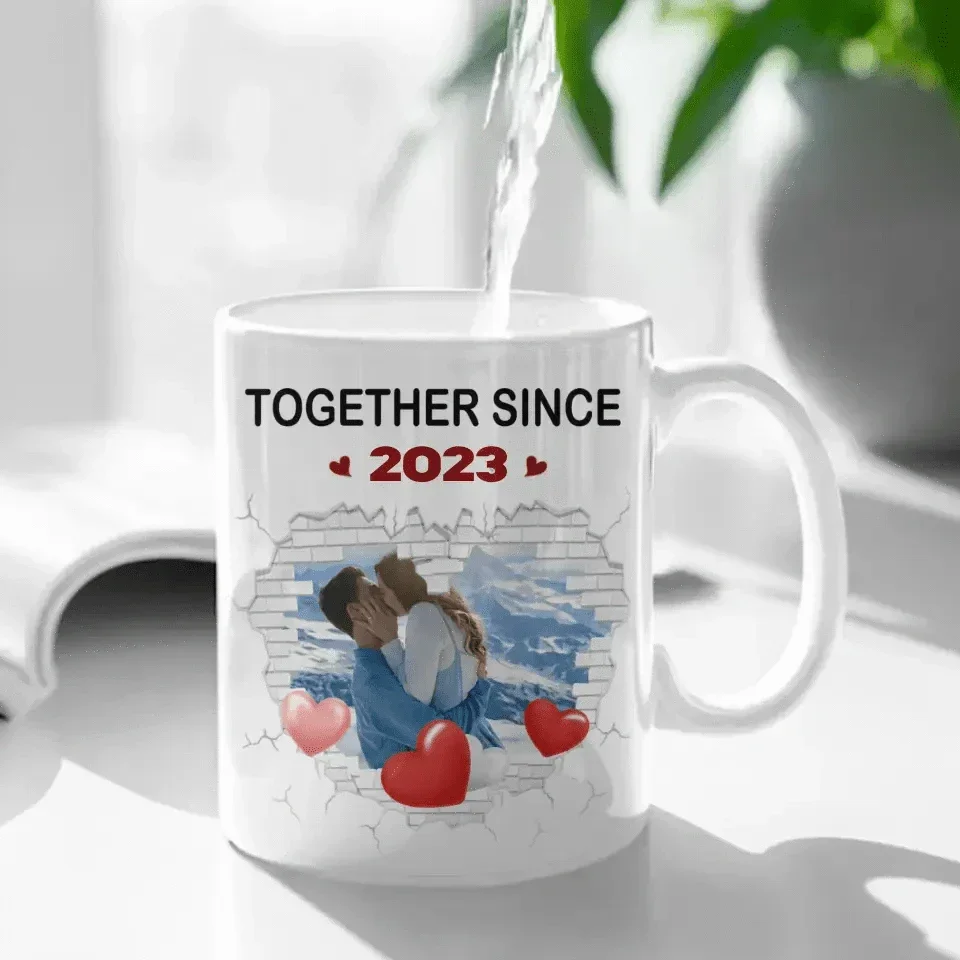 Couple Spouse Custom Photo Personalized White Mug - Together Since Stone Heart