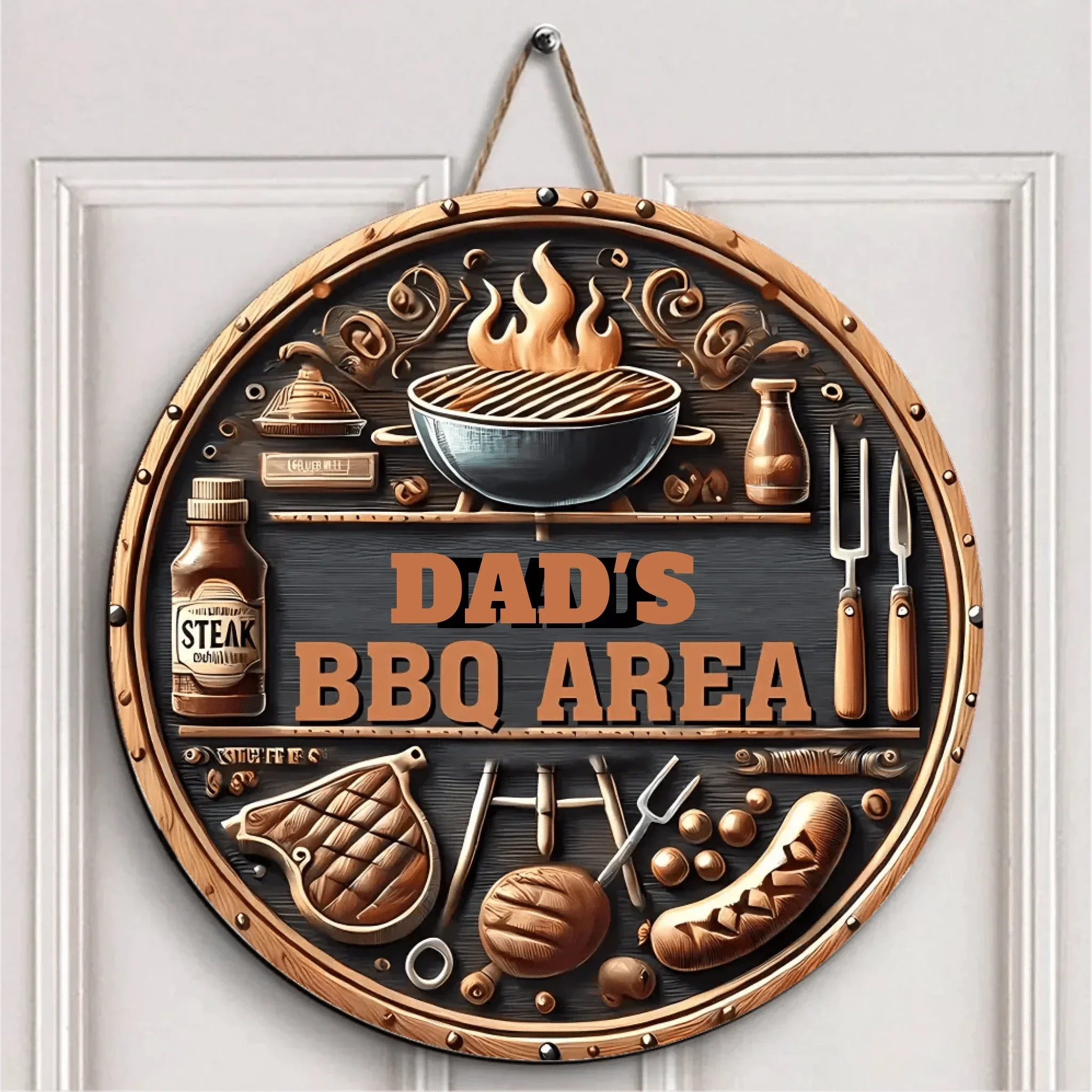 Custom BBQ Themed Wooden Door Signs - Personalised Name BBQ Pattern Round Wooden Signs - A Gift For Friend,Family,BFF,Barbecue Enthusiasts
