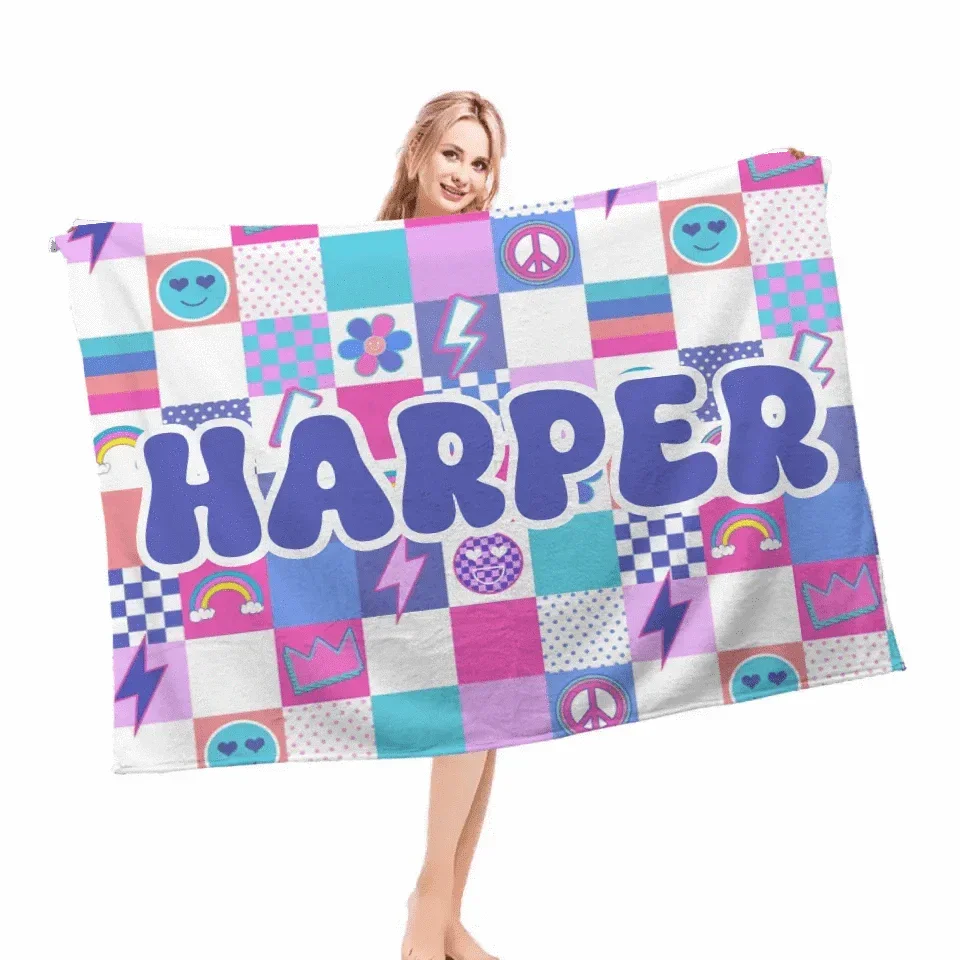 Custom Bright Vintage Color Blanket - Personalized Name Cartoon Vintage Color Plaid Horizontal Blanket - A Gift For Girl,BFF,Friend