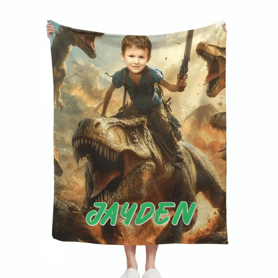 Custom Dinosaur Blankets Personalized Boy Riding Dinosaur Blanket - Joliny