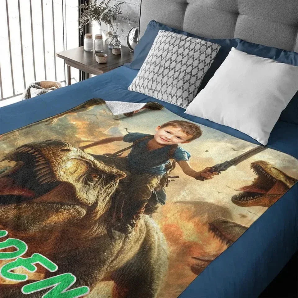 Custom Dinosaur Blankets Personalized Boy Riding Dinosaur Blanket - Joliny
