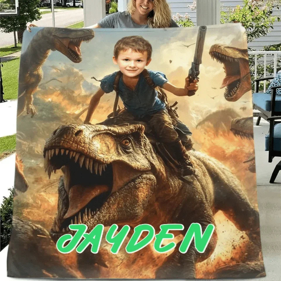 Custom Dinosaur Blankets Personalized Boy Riding Dinosaur Blanket - Joliny