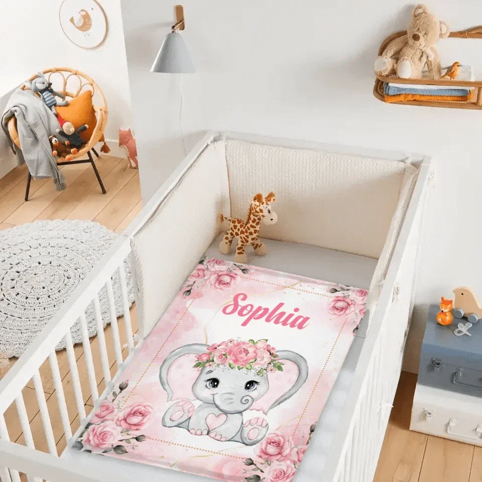 Custom Elephant Blanket - Personalized Name Blanket for Elephant Wearing Garland - A Gift For Child,Baby - Joliny