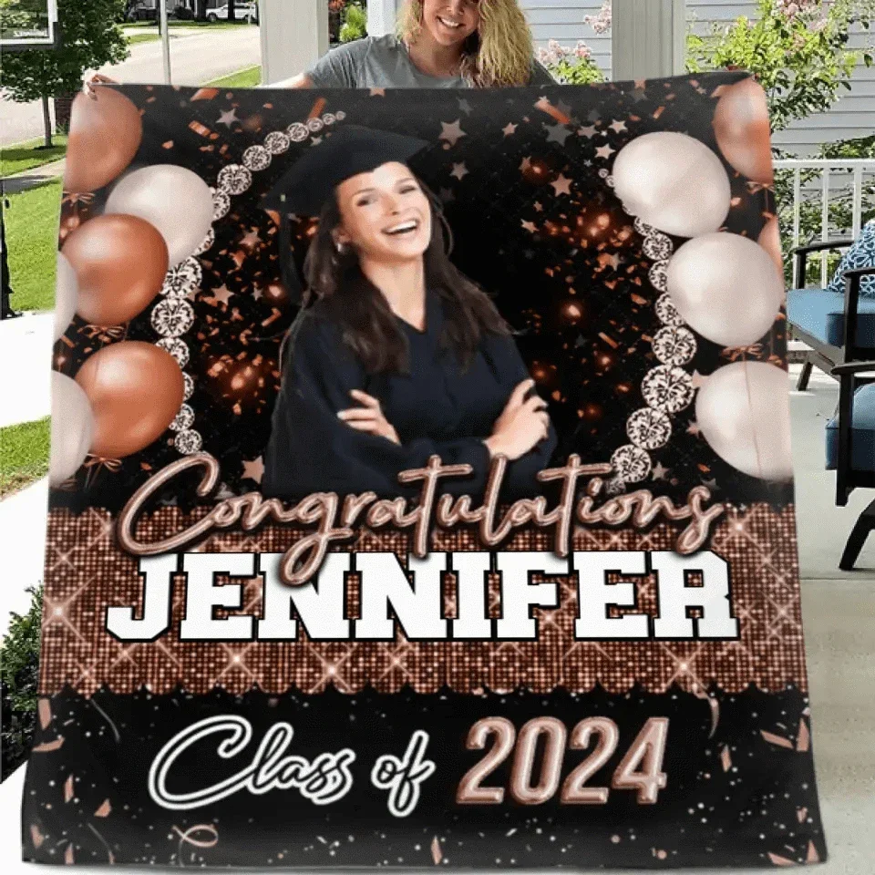 Custom Glitter Balloon Congrats Class Of 2024 Graduation Blanket - Graduation Party Decorations