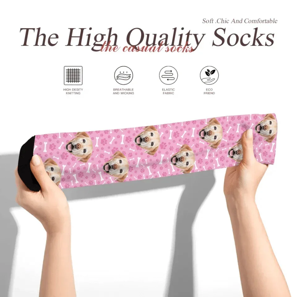 Custom Personalized Photo Pet Face Socks - Personalized Pet Photo Multi Color Paw Print and Bone Pattern Stockings - A Gift For Pet Lovers,Pet Owners - Joliny