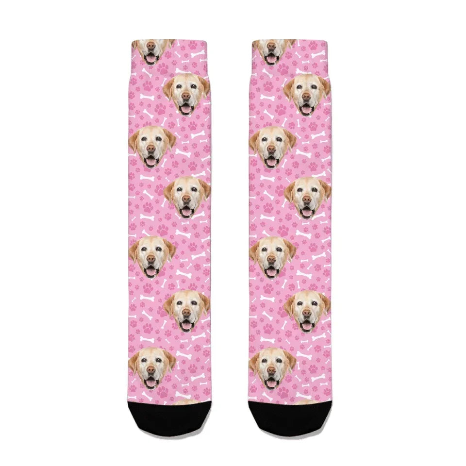Custom Personalized Photo Pet Face Socks - Personalized Pet Photo Multi Color Paw Print and Bone Pattern Stockings - A Gift For Pet Lovers,Pet Owners