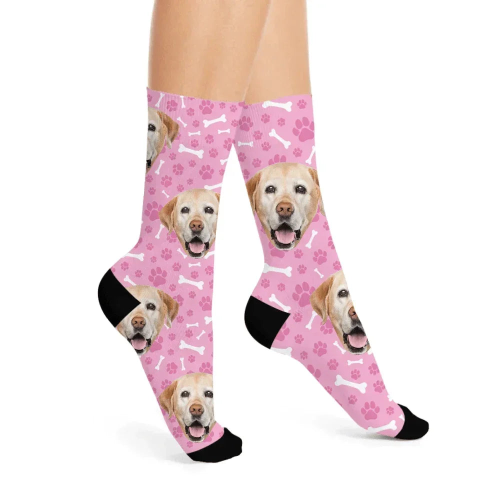 Custom Personalized Photo Pet Face Socks - Personalized Pet Photo Multi Color Paw Print and Bone Pattern Stockings - A Gift For Pet Lovers,Pet Owners