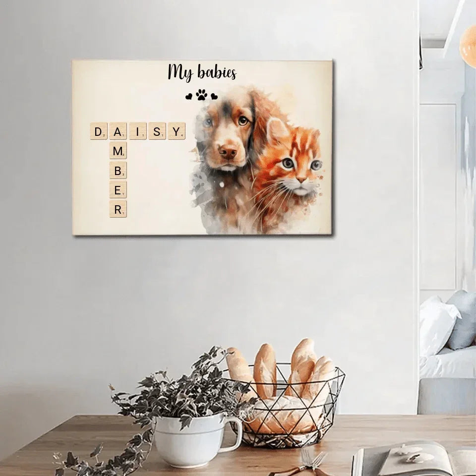 Custom Pet Wall Art - Personalized Name Crossword Puzzle And Decorative Canvas Painting With Pet Photo - Unique Gift For Pet Owner