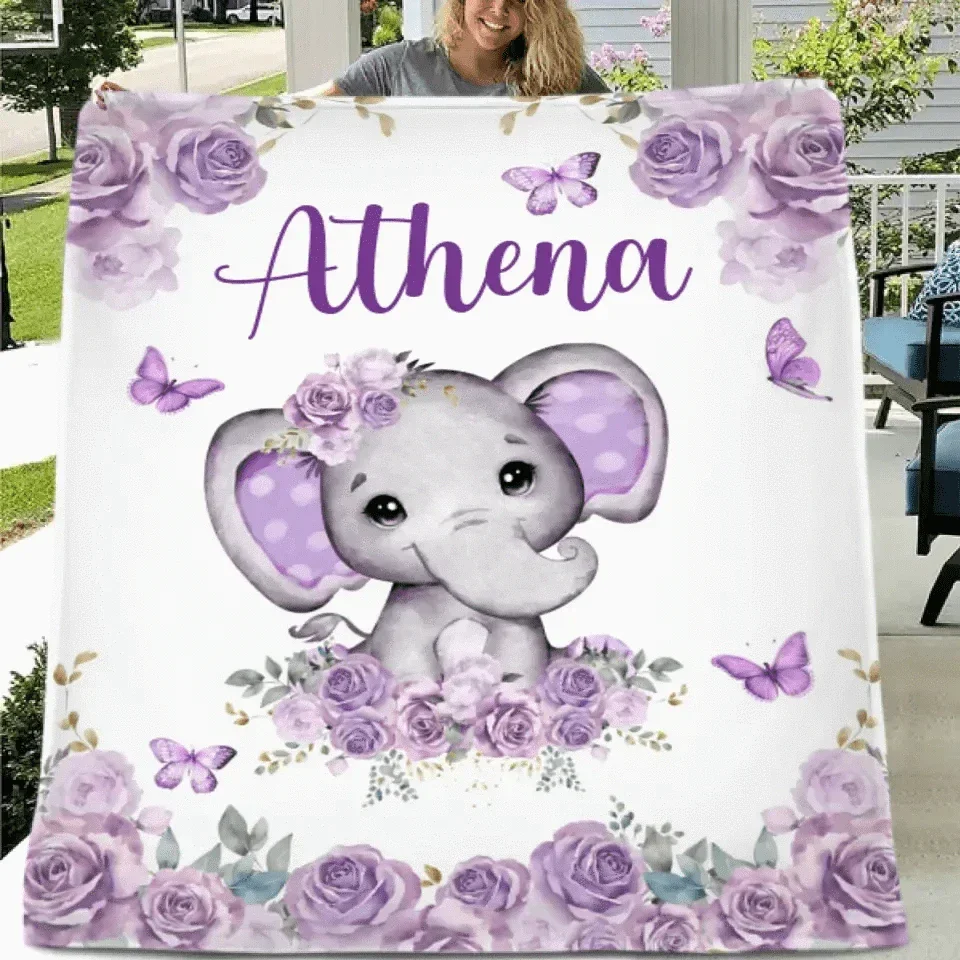 Custom Purple Elephants Blanket for Infant Toddler, Baby Gift Blanket for Birthday
