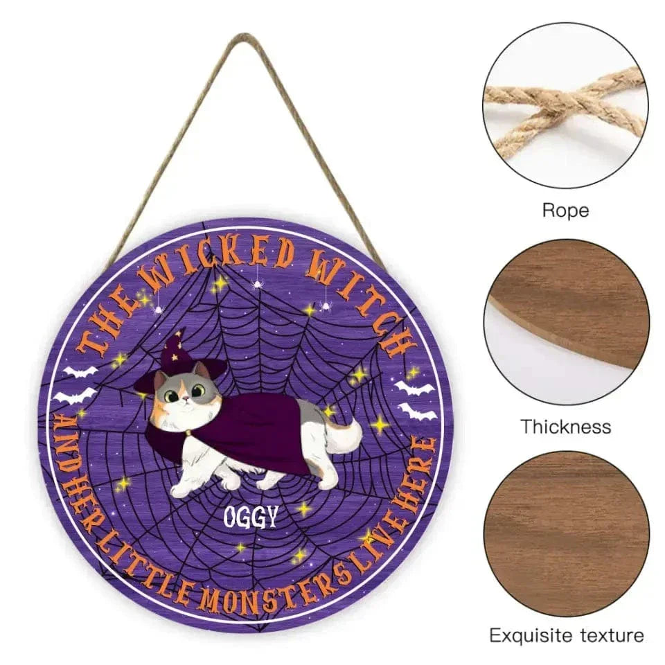 Custom Wooden Door Sign - Personalized The Wicked Witch And Little Monsters Live Here - Halloween Gift for Pet Lovers, Cat Lovers - Joliny
