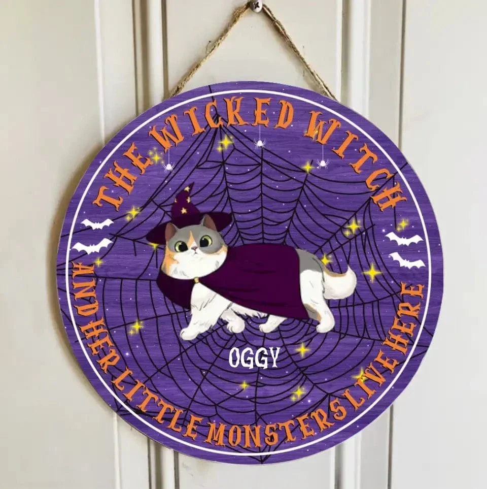 Custom Wooden Door Sign - Personalized The Wicked Witch And Little Monsters Live Here - Halloween Gift for Pet Lovers, Cat Lovers