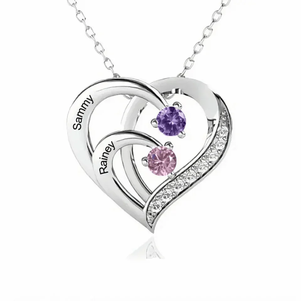 Customised Heart Necklace - Personalised Name and Birthstone Silver Heart Necklace - Meaningful Gift For Mom,Grandma