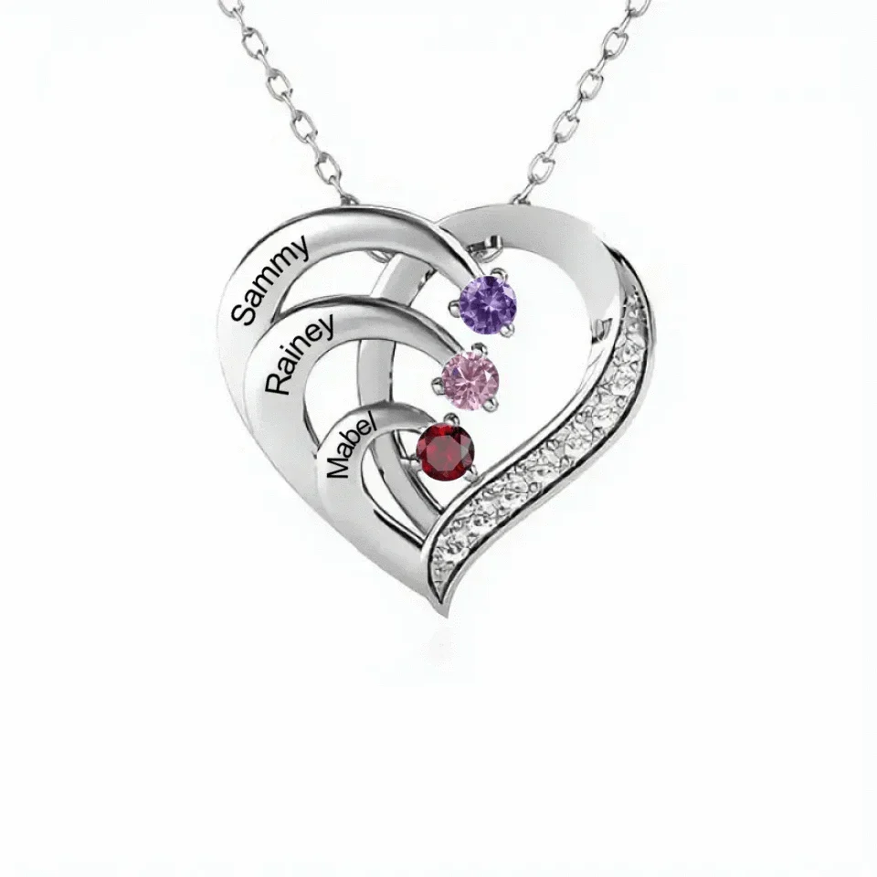 Customised Heart Necklace - Personalised Name and Birthstone Silver Heart Necklace - Meaningful Gift For Mom,Grandma