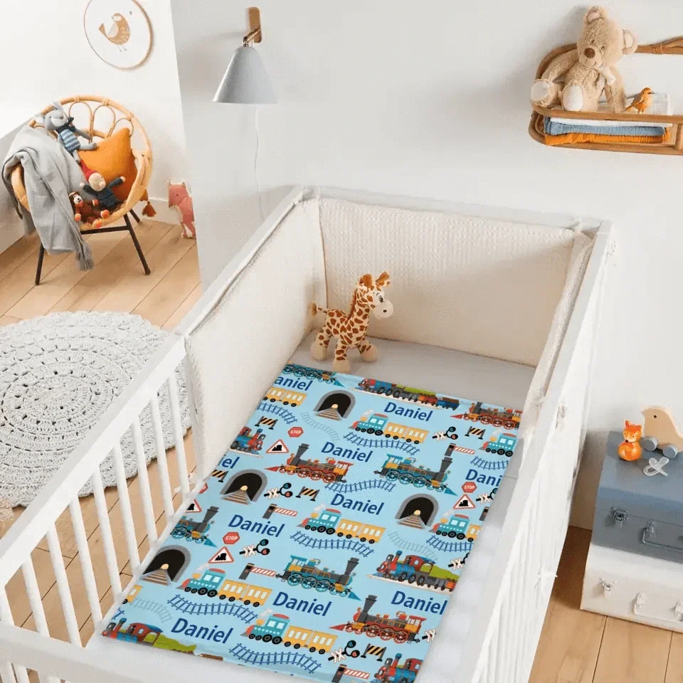 Customised Railway Train Blanket - Personalised Name Railway Train Pattern Blue Blanket - A Gift For Children,Boy,Baby,Train Lover - Joliny