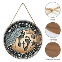 Customized Beach Footprint Wooden Door Sign - Personalized Name Round Wooden Door Plaque with Christ Theme - A Gift For Friend,Family,BFF,Christian - Joliny