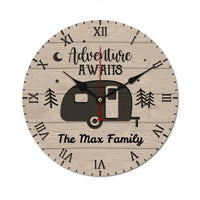 Customized Camping Themed Wall Clocks - Stylish Wall Clock That Can Be Personalized with Wood Grain Background,Campervan and Text - A Gift For Family,Friend,Camping Enthusiasts,Angler - Joliny