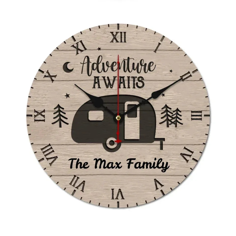 Customized Camping Themed Wall Clocks - Stylish Wall Clock That Can Be Personalized with Wood Grain Background,Campervan and Text - A Gift For Family,Friend,Camping Enthusiasts,Angler
