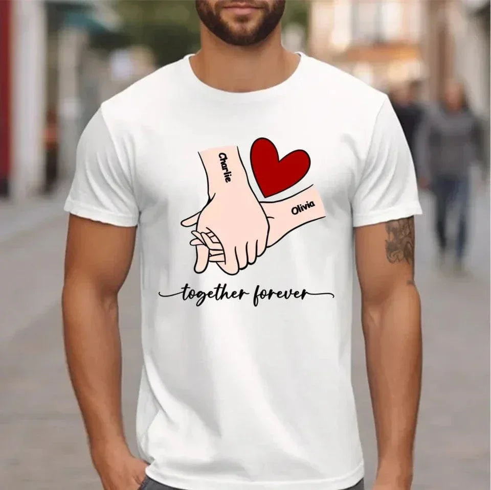 Customized Couple T-shirt - Holding Hands Love Pattern Costume with Personalized Name and Theme Text - A Gift For Boyfriend,Girlfriend,Husband,Wife
