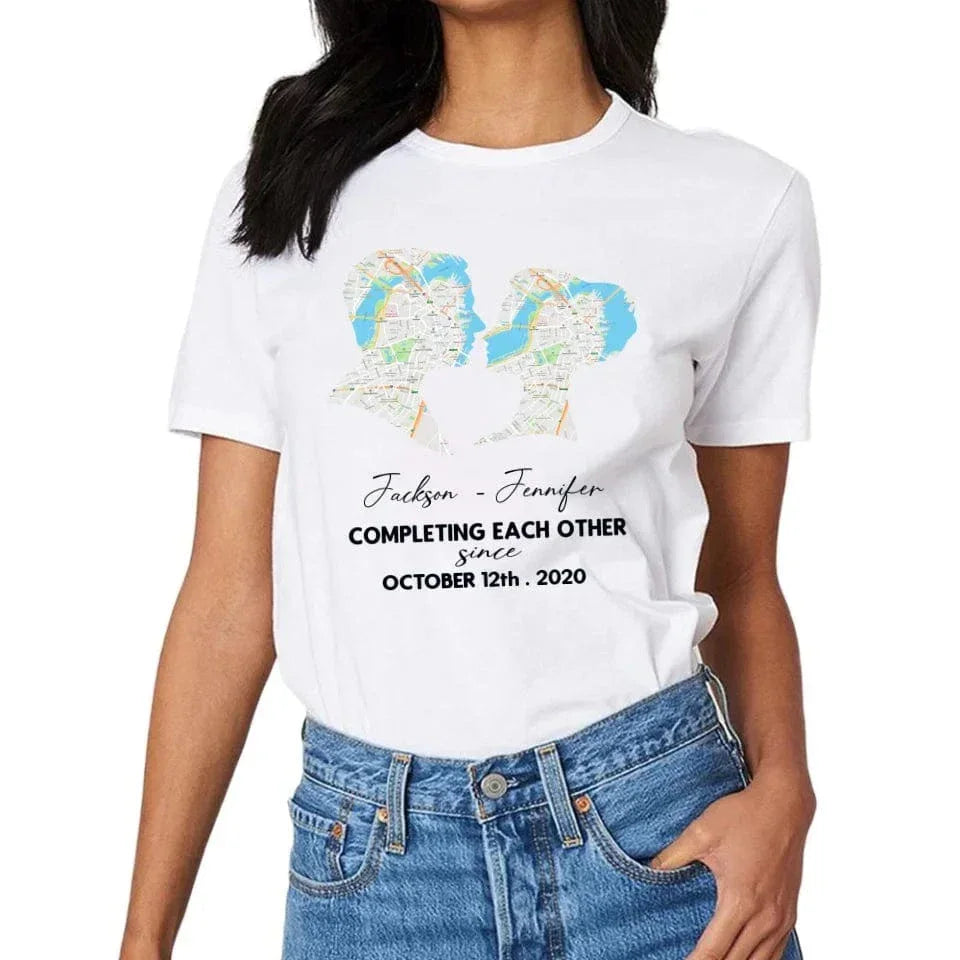 Customized Couple T-shirt - Personalized Name,Date,Map Location Silhouette Couple's Clothing - A Gift For Boyfriend,Girlfriend,Husband,Wife,Anniversary