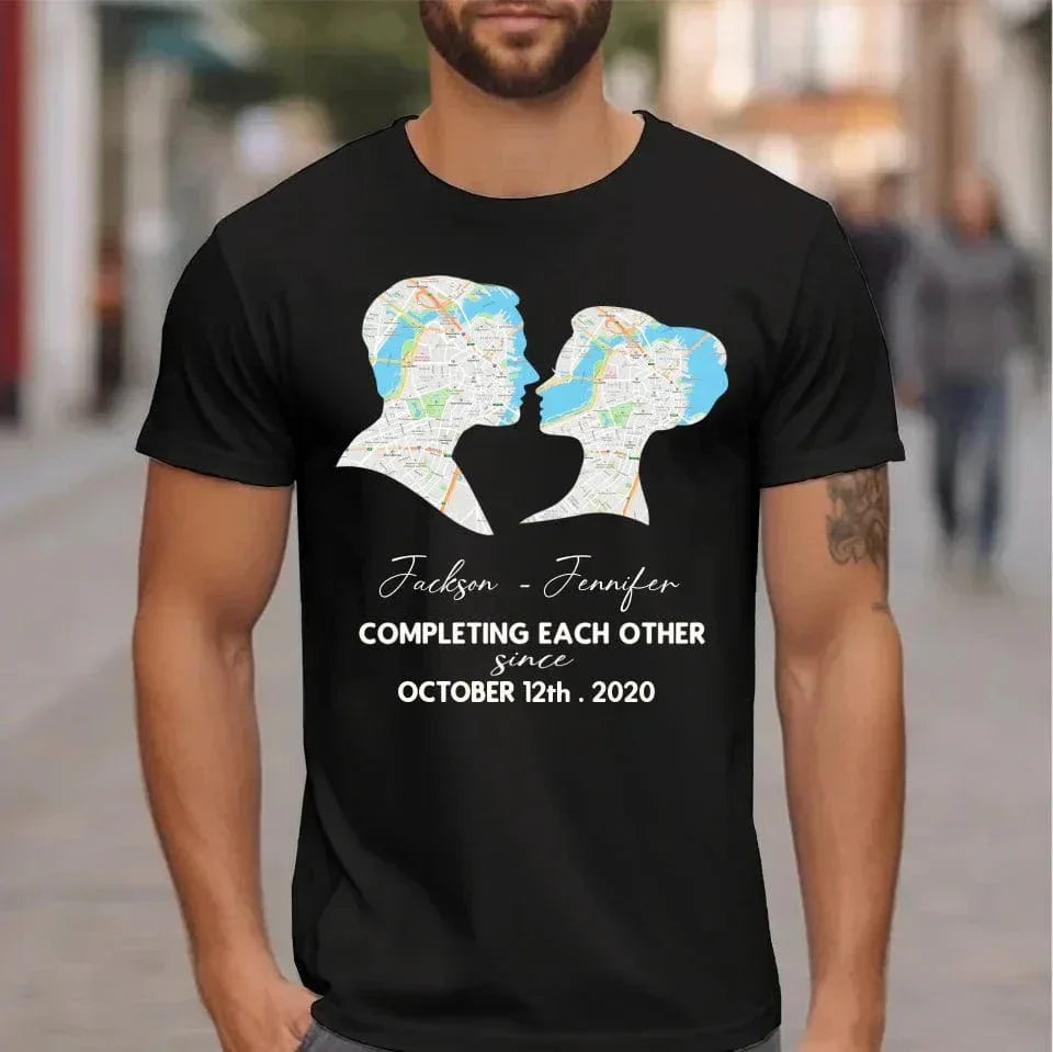 Customized Couple T-shirt - Personalized Name,Date,Map Location Silhouette Couple's Clothing - A Gift For Boyfriend,Girlfriend,Husband,Wife,Anniversary