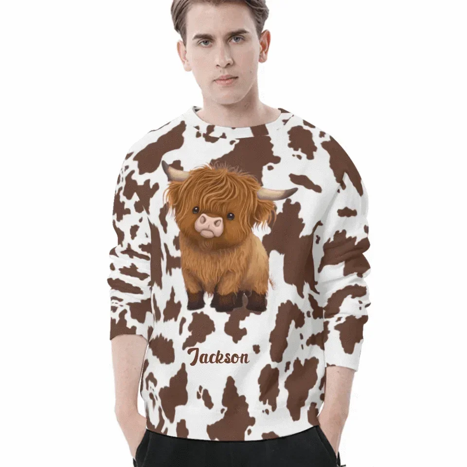 Customized Cow Textured T-shirt - Personalized Name Highland Cow Themed Apparel - A Gift For Highland Cow Lover,Friend,Colleagues - Joliny