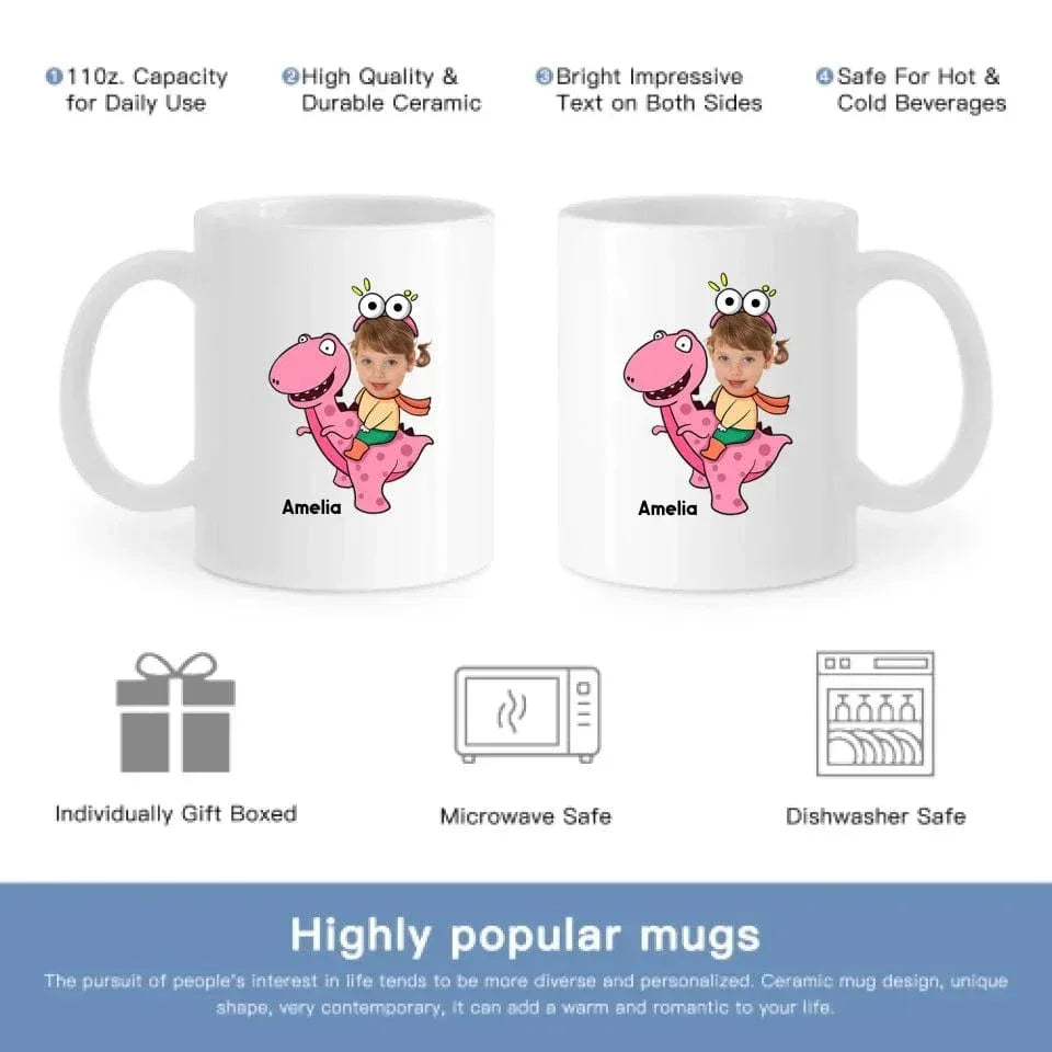 Customized Cute Dinosaur Mug - Two Color Small Dinosaur Personalized Name And Photo Mugs - A Gift For Cute Little Kids,Dinosaur Lovers - Joliny