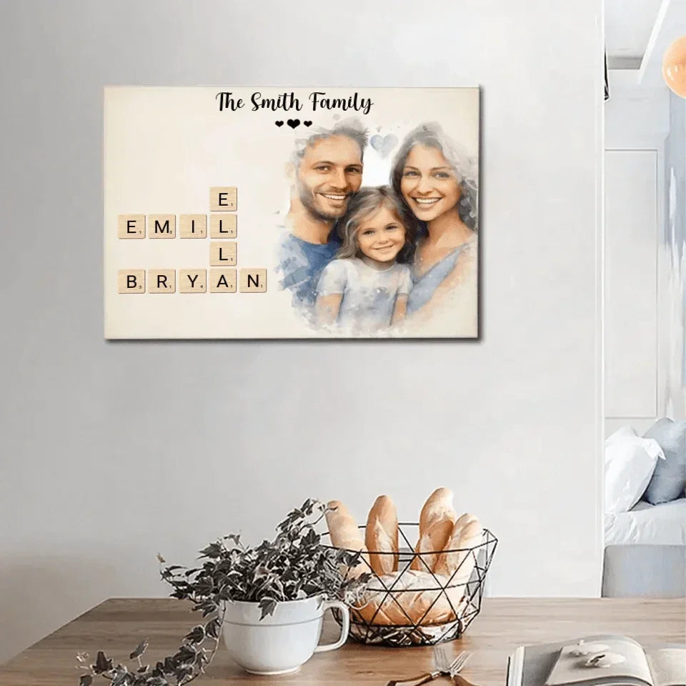 Customized Family Portrait Wall Art - Personalized Name Crossword Puzzle And Decorative Canvas Painting With Family Photo - A Cozy Gift Family