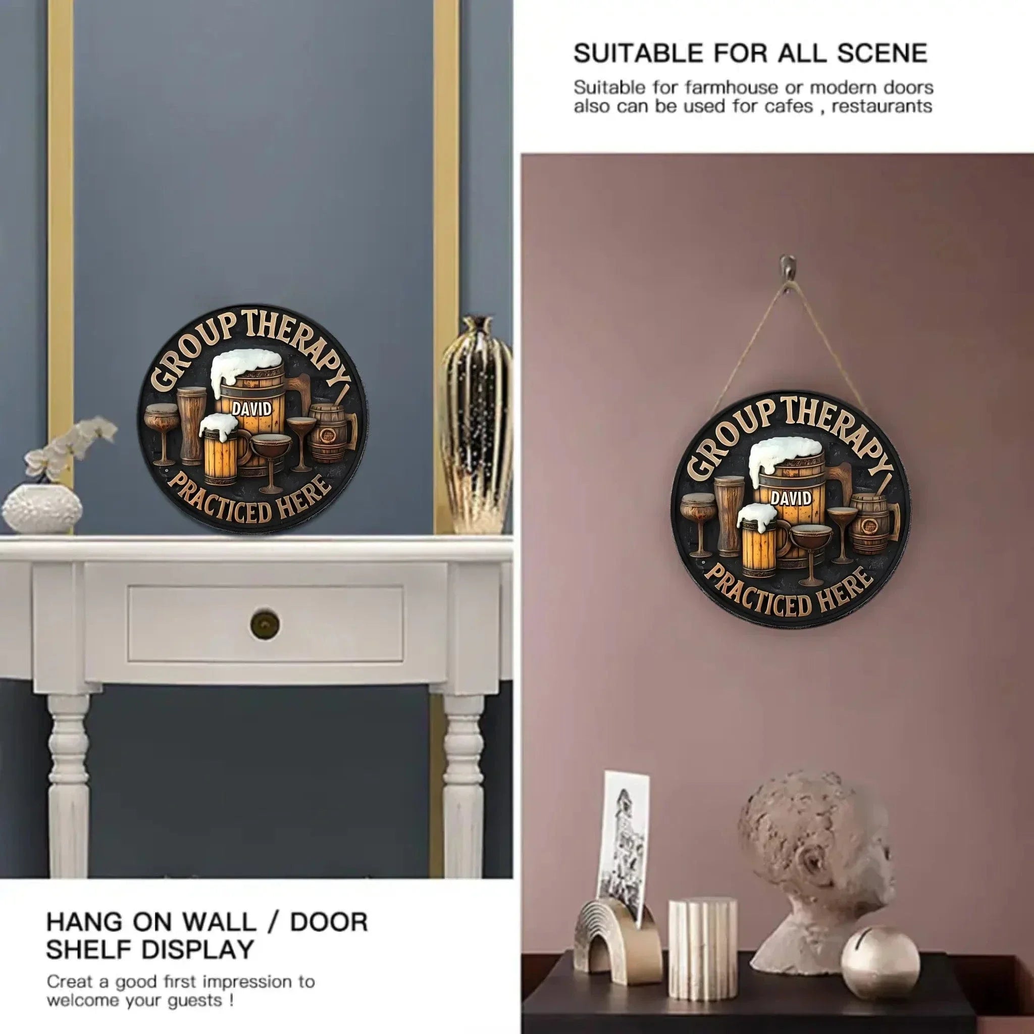 Customized Group Therapy Wooden Door Signs - Personalized Name Keg Pattern Round Door Sign - A Gift For Friend,Family,BFF - Joliny