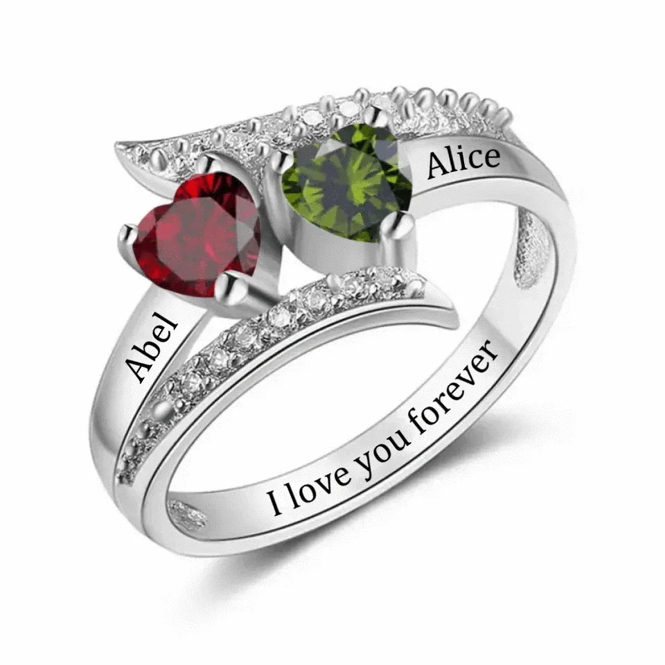 Customized Heart Shaped Ring with Diamonds - Personalized Name and Heart Birthstone Ring - A Gift For Mother,Wife