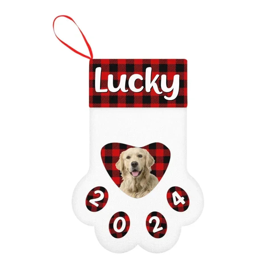 Customized Paw Shaped Christmas Stockings - Personalized Pet Photo and Name Vintage Christmas Vibes Paw Print Socks - Christmas Gifts For Family,Child And Pets