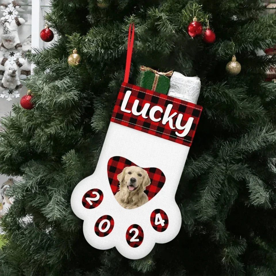 Customized Paw Shaped Christmas Stockings - Personalized Pet Photo and Name Vintage Christmas Vibes Paw Print Socks - Christmas Gifts For Family,Child And Pets