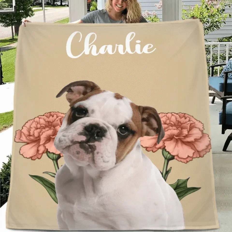 Customized Pet Portrait Blanket - Personalized Pet Name, Photo and Birthday Flower Flannel Blanket - Warm Gift For Pet Owners,pet Lovers