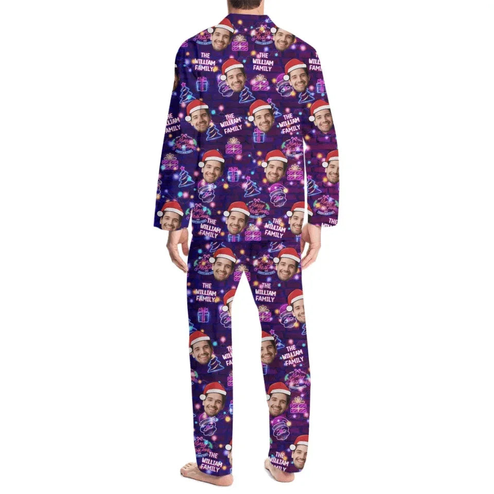 Customized Photo Funny Pajama - Personalized Photo and Family Name Neon Style Pajamas - Fun Gifts For Husband,Wife,Family - Joliny