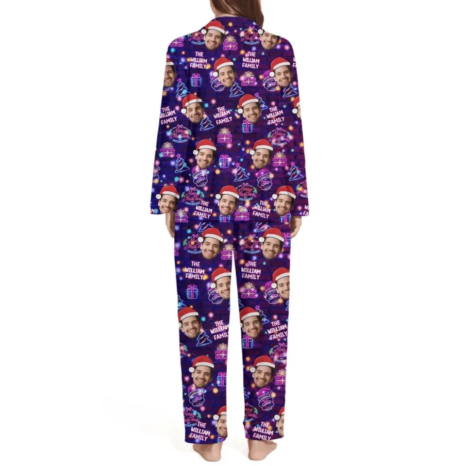 Customized Photo Funny Pajama - Personalized Photo and Family Name Neon Style Pajamas - Fun Gifts For Husband,Wife,Family - Joliny