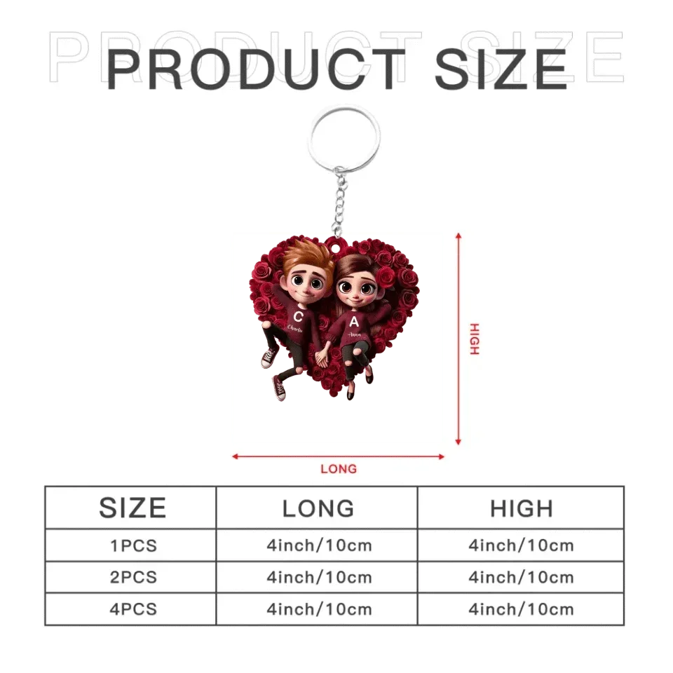 Customized Rose Heart Couple Keychain - Personalized Name and Couple Character Decorated Heart Keychain - A Gift For Couples,Wife,Husband,Girlfriend,Boyfriend,Her,Him - Joliny