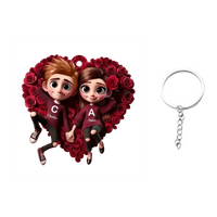 Customized Rose Heart Couple Keychain - Personalized Name and Couple Character Decorated Heart Keychain - A Gift For Couples,Wife,Husband,Girlfriend,Boyfriend,Her,Him - Joliny
