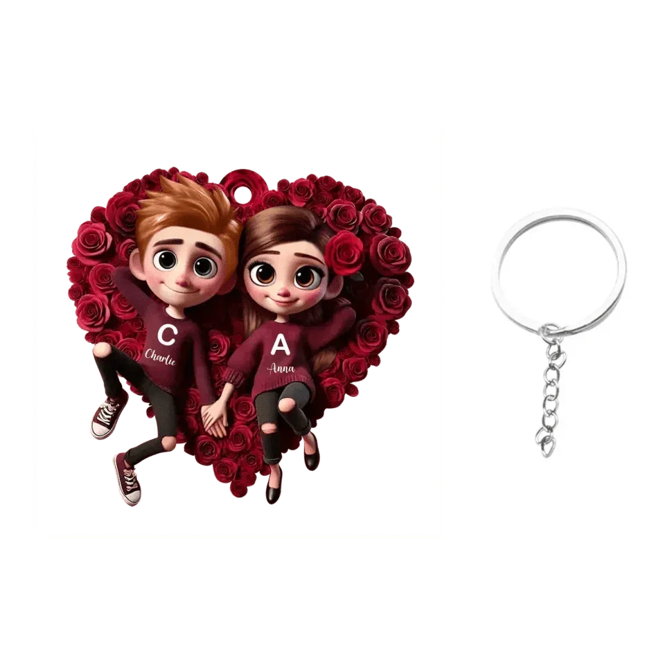 Customized Rose Heart Couple Keychain - Personalized Name and Couple Character Decorated Heart Keychain - A Gift For Couples,Wife,Husband,Girlfriend,Boyfriend,Her,Him - Joliny