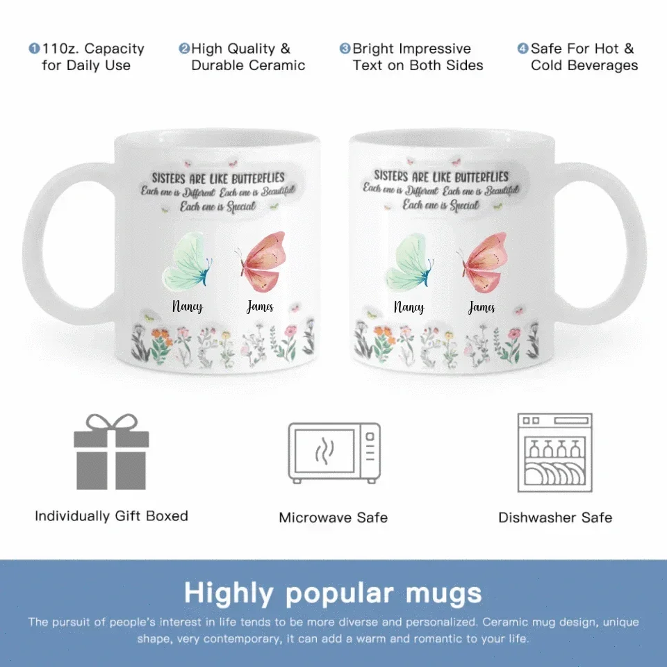 Customized Sisters Theme Mug - Personalized Birthday Butterfly and Name 3D Inflatable Garden Pattern Mug - Gift for Sisters, BFF, Friends - Joliny