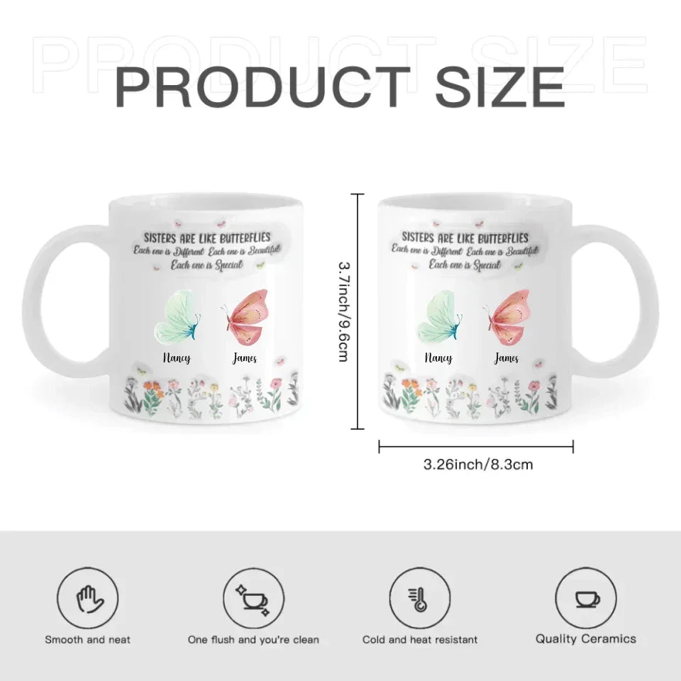 Customized Sisters Theme Mug - Personalized Birthday Butterfly and Name 3D Inflatable Garden Pattern Mug - Gift for Sisters, BFF, Friends - Joliny