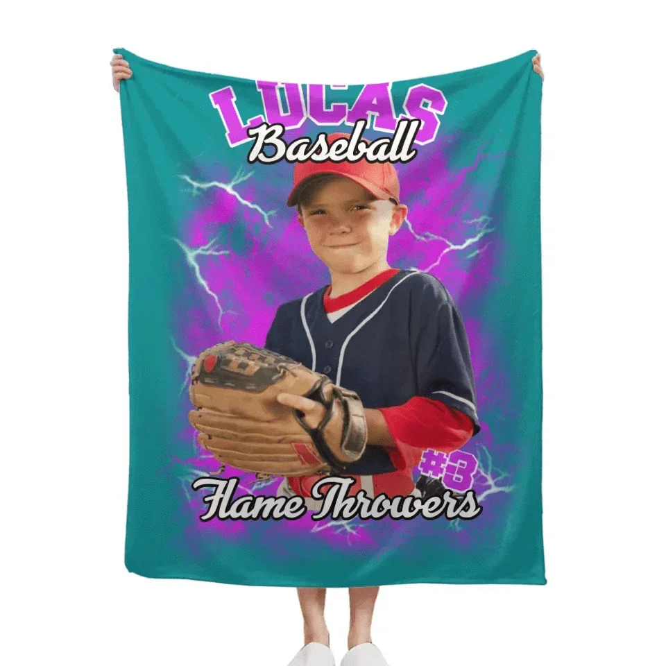 Customized Sports-Themed Blankets - Personalized Name,Number,Photo and Lightning Bolt Background on Multi-Colored Optional Blanket - A Gift For Sports Lover,Sports Player