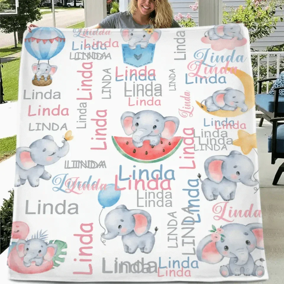 Cute Little Elephant Children's Name Customized Blanket Birthday Gift Christmas Gift - Joliny