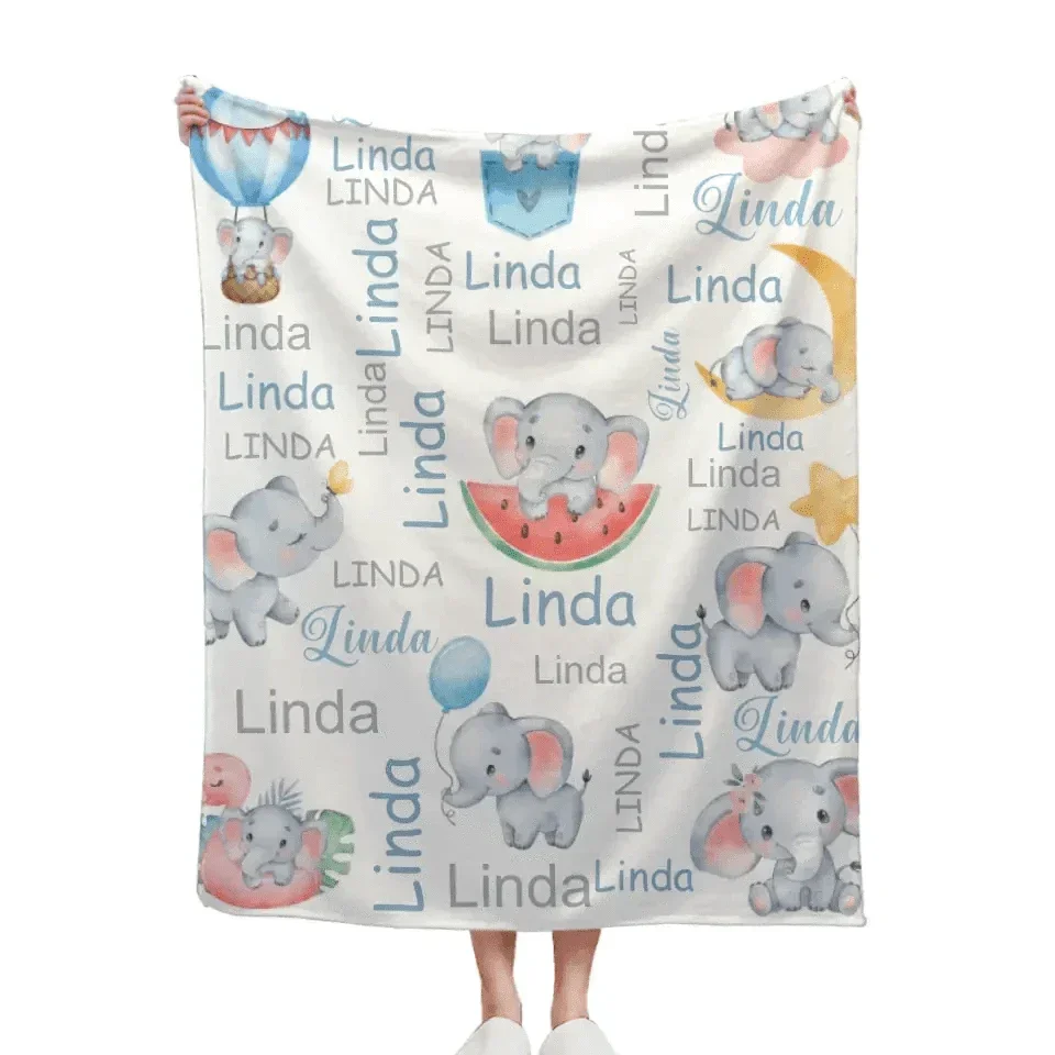 Cute Little Elephant Children's Name Customized Blanket Birthday Gift Christmas Gift