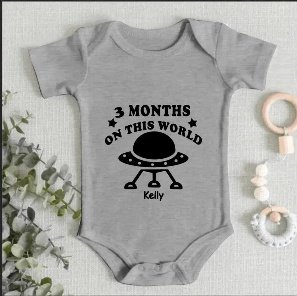 Cute Spaceship Baby Onesie - Three Months On This World - Joliny