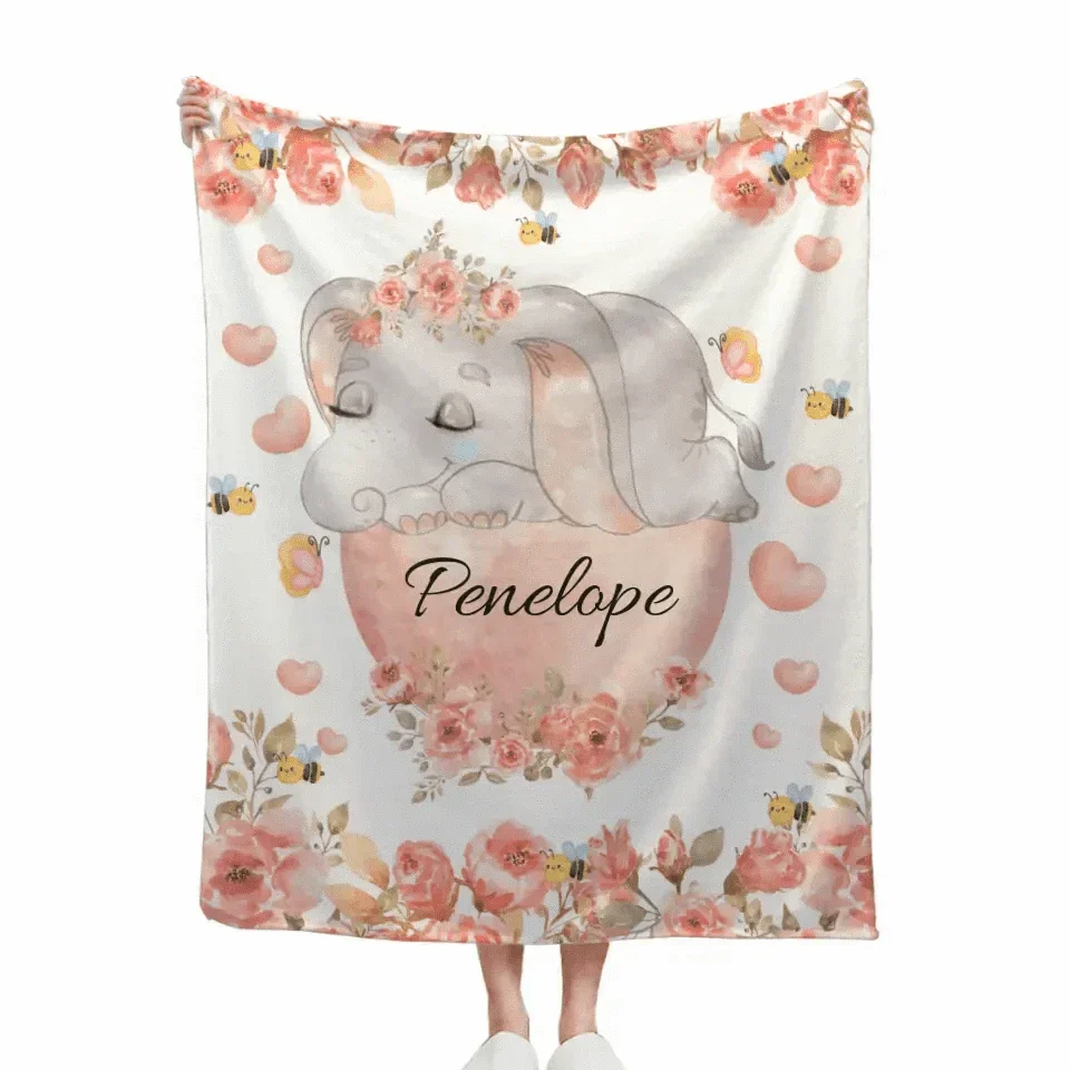 Elephant Personalized Custom Blanket with Name for Newborn Toddler Birthday Anniversary Gifts