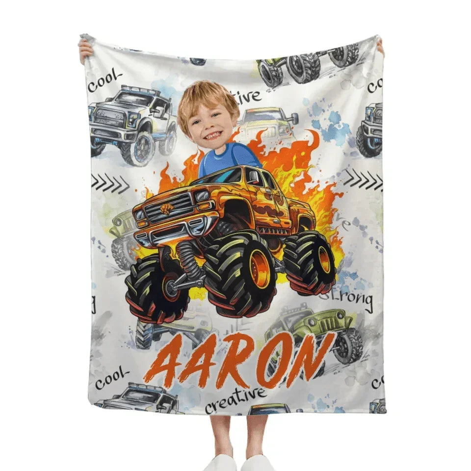 Flame Truck - Customized Name Face Kids Blanket - Gift for Kids