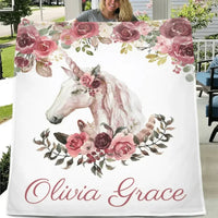 Floral Bohemian Custom Named Unicorn Blanket, Pink Floral Baby Girl Blanket - Joliny